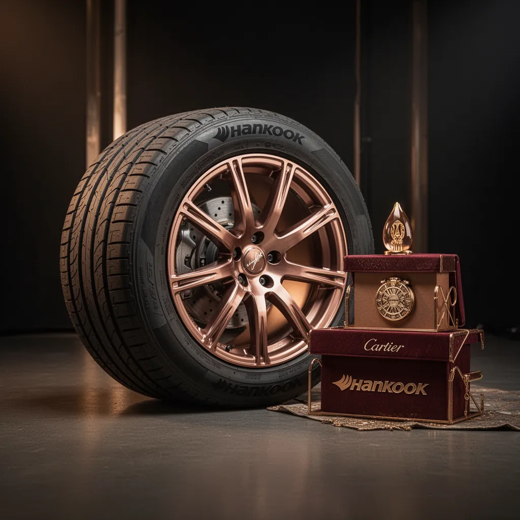 Pneu Hankook Ventus monté sur jante aluminium posé dans un atelier de montage avec pont élévateur en arrière-plan