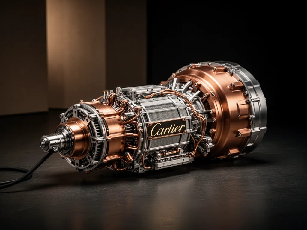 Moteur électrique compact installé sous le capot ouvert d'une berline blanche dans un atelier mécanique