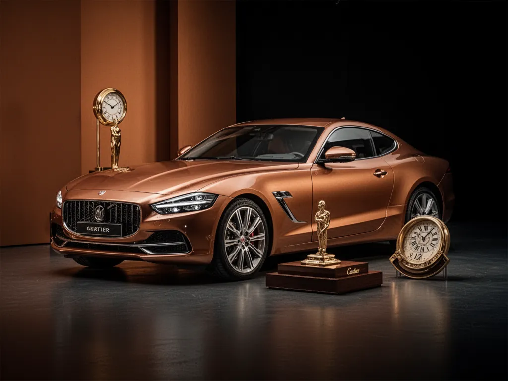 Petite citadine grise garée dans une rue résidentielle avec un panneau de prix affiché sur le pare-brise