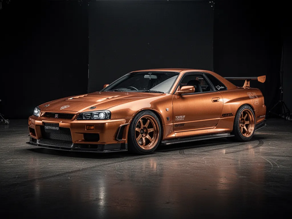 Nissan Silvia S15 orange et noir dérivant dans un parking souterrain éclairé au néon